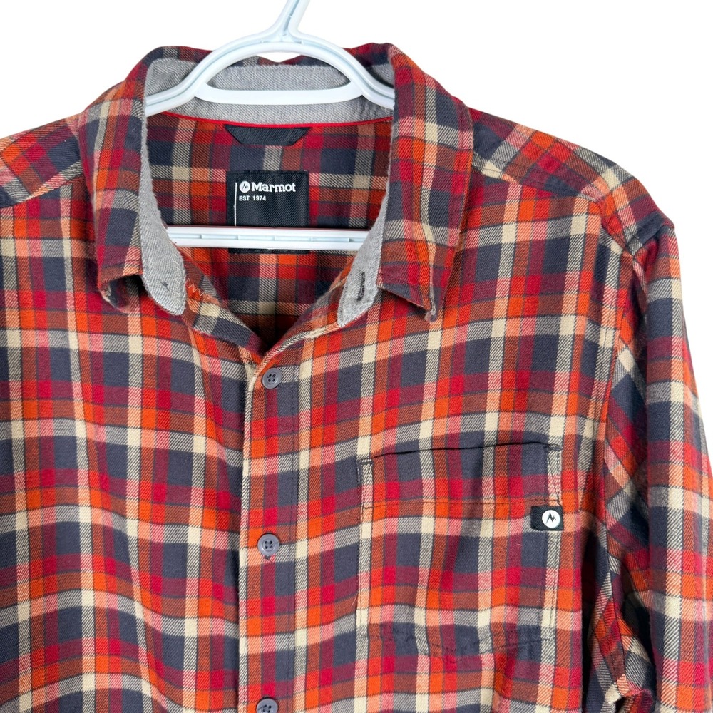 Marmot Flannel Shirt Mens XL Red Orange Plaid Button Up Long Sleeve Cotton Blend